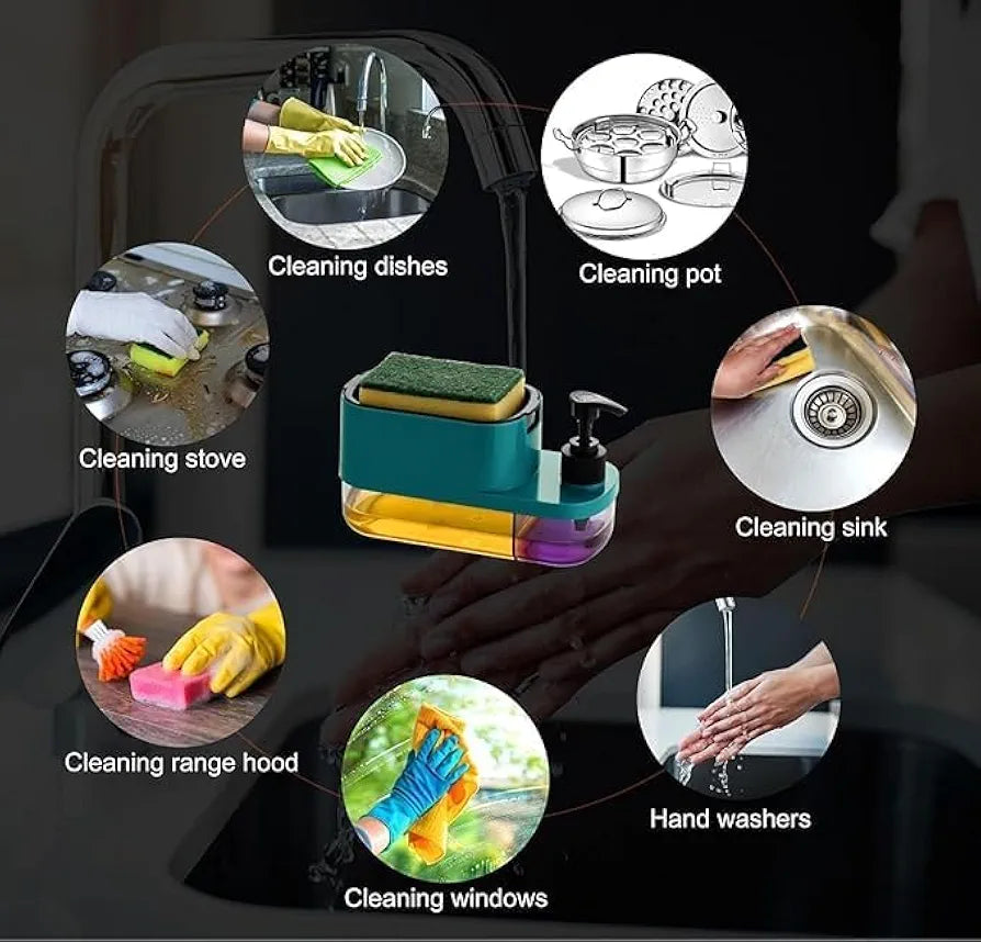 3 In 1 Liquid Soap Dispenser with Sponge Holder | Smart & Mess-Free Cleaning Tool