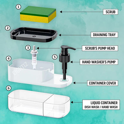 3 In 1 Liquid Soap Dispenser with Sponge Holder | Smart & Mess-Free Cleaning Tool