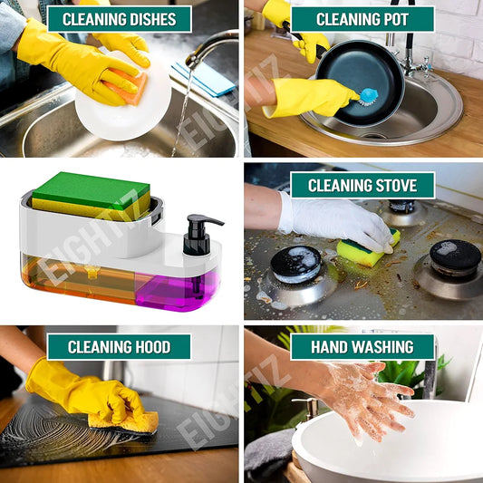 3 In 1 Liquid Soap Dispenser with Sponge Holder | Smart & Mess-Free Cleaning Tool